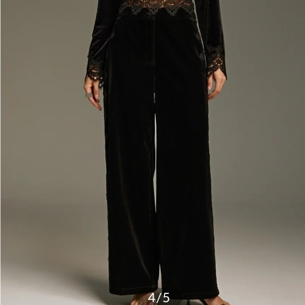 Commense Black Velvet Wide Leg Pants Sheer Lace Side Panel High Rise Large NEW - Picture 3 of 16